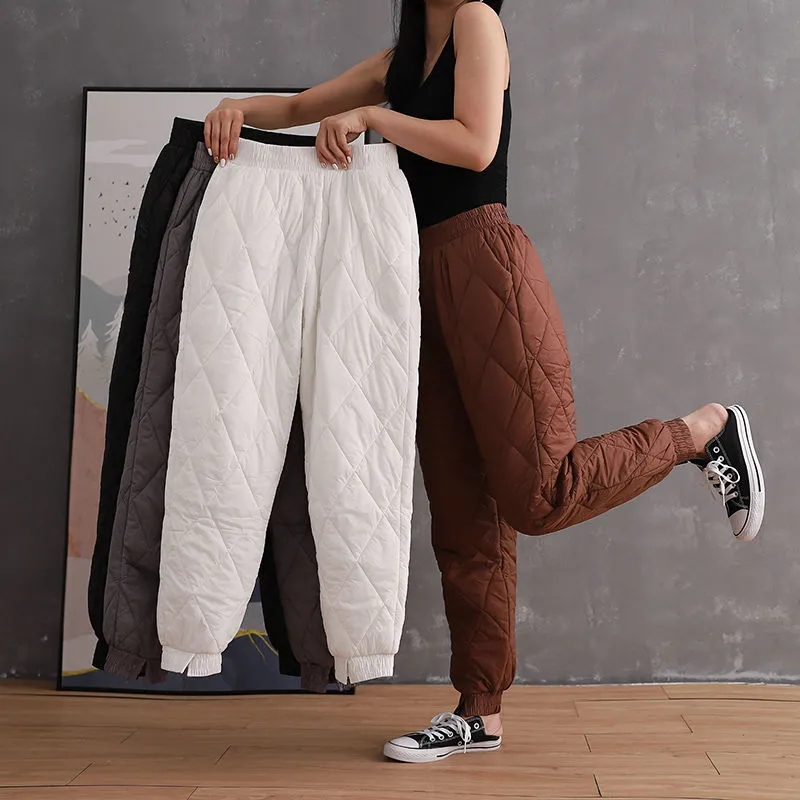 Elastic-Waist-Cotton-Padded-Down-Pants-For-Women-Solid-Colors-Casual-Trousers-Warm-Winter-Thick-Harem