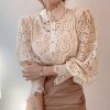 Women Stand Collar Lace Patchwork Shirts Casual Hollow Out Flower Petal Sleeve Buttonw Tops white shirts for women
